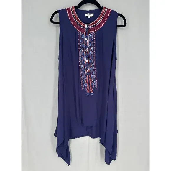 Umgee Top Womens Medium Navy Blue Tunic Flowy Embroidered Boho Bohemian Button - Picture 3 of 8